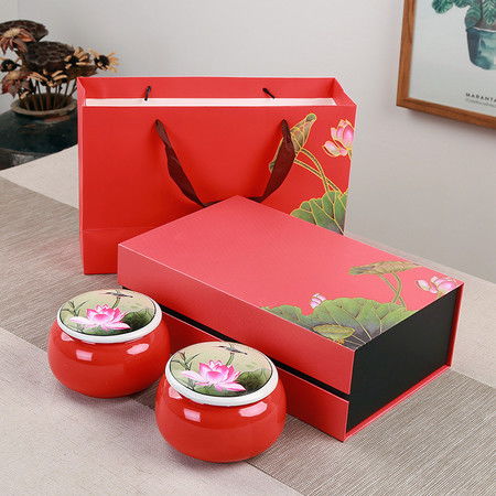 高檔陶瓷茶葉罐雙罐禮盒套裝禮品定制密封罐子紅茶創(chuàng)意存茶罐 荷花紅色