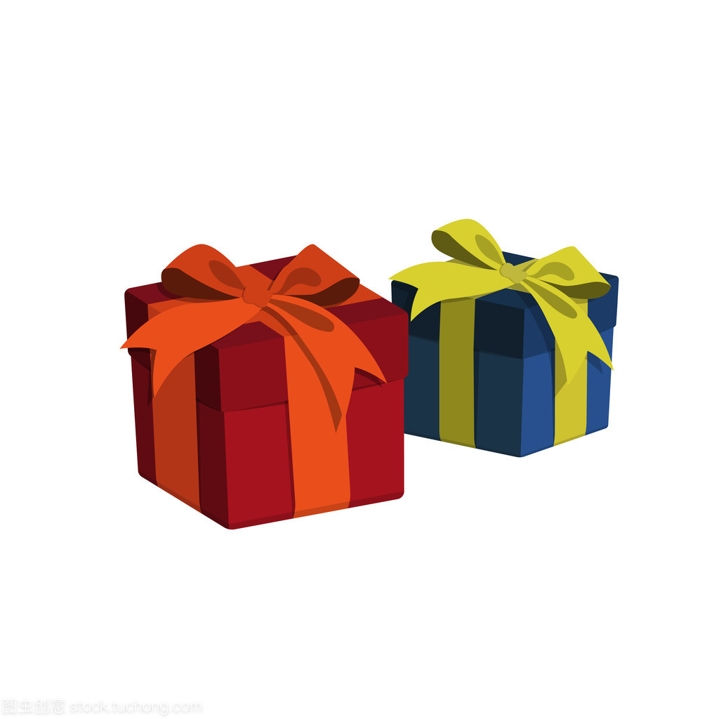 在卡通風格的禮品盒。紅色和藍色的禮物上白色孤立