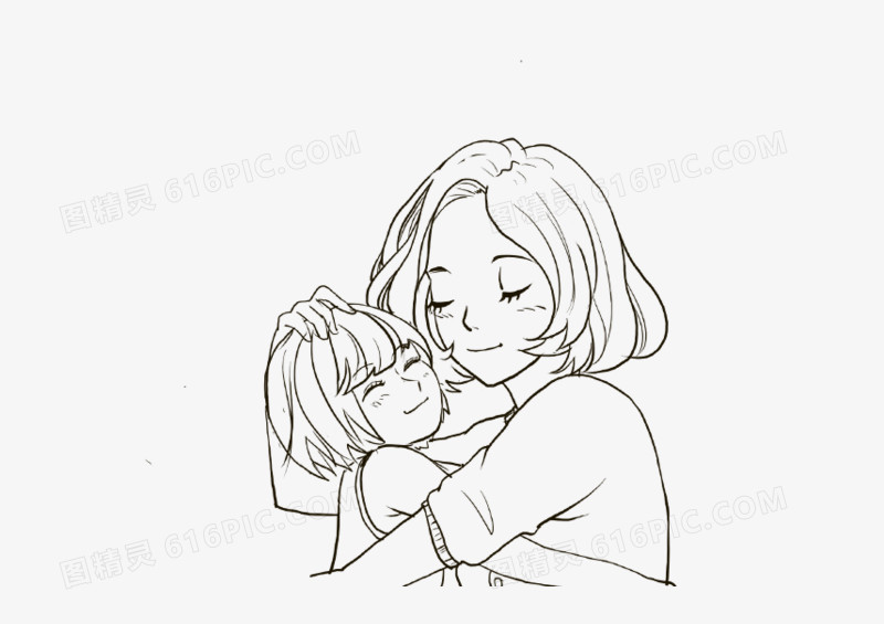 母親節手繪溫暖擁抱線稿免摳插畫素材，傳遞真摯情感